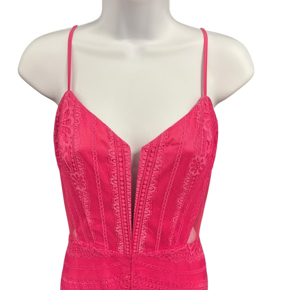 bebe Andie Sheer Striped Lace Gown Dress‎ Hot Pink Size 10 Sleeveless Evening - Picture 3 of 10